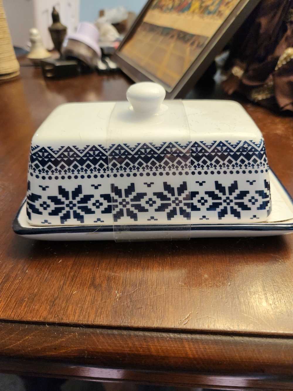 Source Unknown Blue and White Ceramic Butter Dish with Nordic Motif